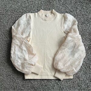 Flying Tomato Off White Cream Ivory Sweater Puff Sleeves Large Elegant Classy